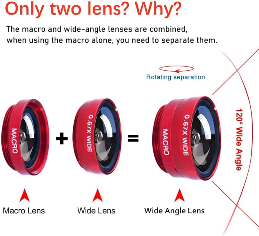 3 in 1 Cell Phone Camera Lens Kit Wide Angle Macro Fisheye Lens Universal for Smart Phones iPhone Samsung Android(Red