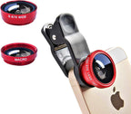 3 in 1 Cell Phone Camera Lens Kit Wide Angle Macro Fisheye Lens Universal for Smart Phones iPhone Samsung Android(Red