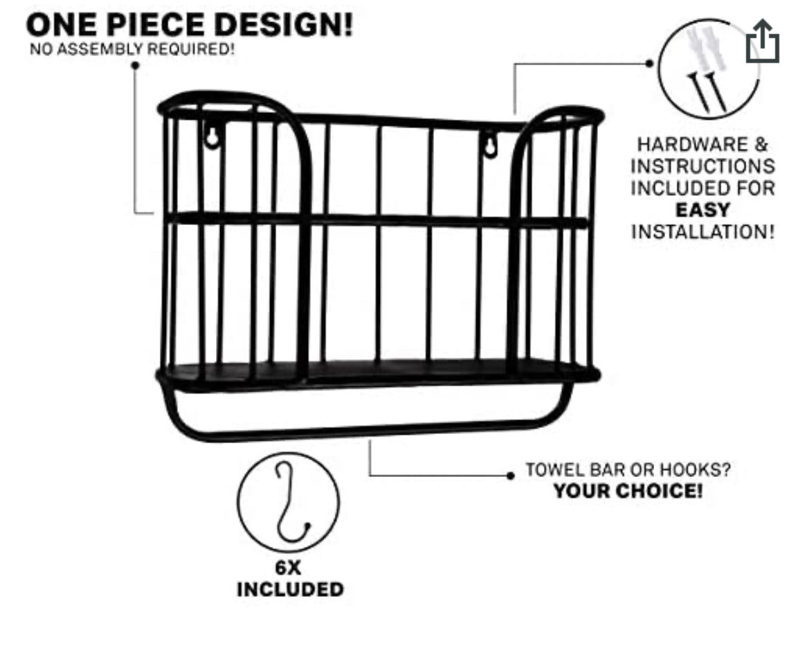 Farmhouse Wall Shelf with Towel Bar and Hooks